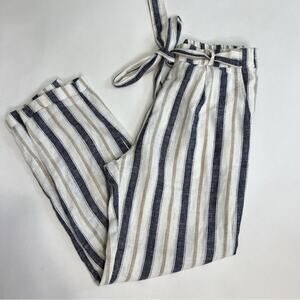 Love Tree Linen Blend Navy Cream Striped Pants Tie Front Size S